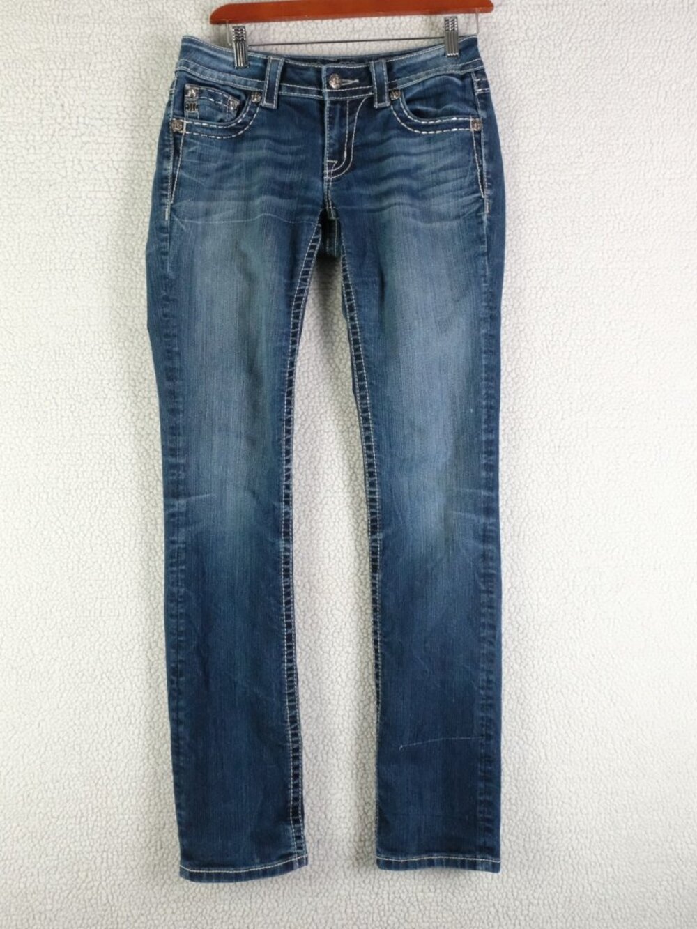 Miss Me Jeans Womens 27 Blue Straight Pearls Jewels Stone Wash Y2K JE5651TL 33"